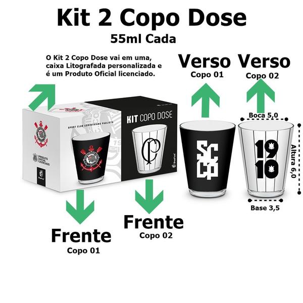 Imagem de Kit Copo Dose Vidro BrasFoot Corinthians 2 Unidades Iron 360 Licenciado 55ml Branco