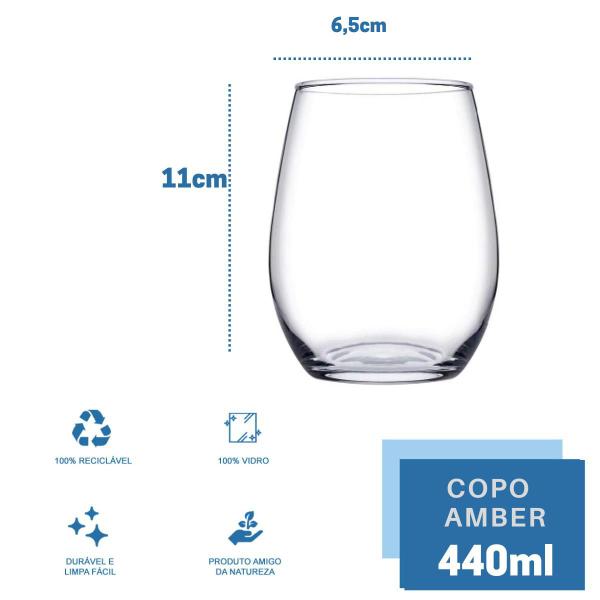 Imagem de Kit Copo Vidro Redondo Transparente Amber Duravel 440ml 18Un