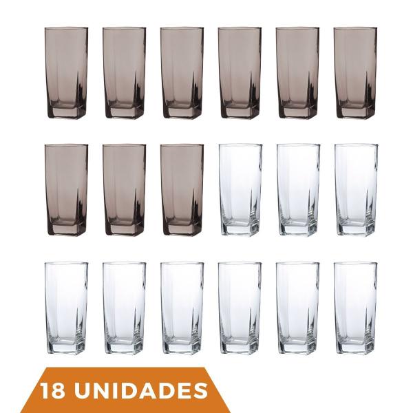 Imagem de Kit Copos de Vidro 320ml 9 Transparente / 9 Cinza Texas Agua