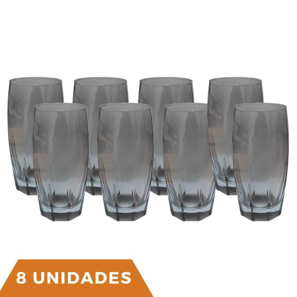 Imagem de Kit Copos de Vidro 370ml Cinza Florida Agua Suco Vinho 8Un