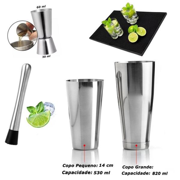 Imagem de Kit Coqueteleira Boston 820 Ml Com Peso E Acessórios Inox