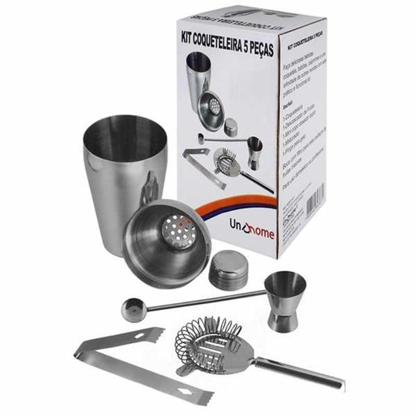 Imagem de Kit Coqueteleira Inox 5 Peças Descascador Dosador PInça e Misturador Uny Home 893671KIT