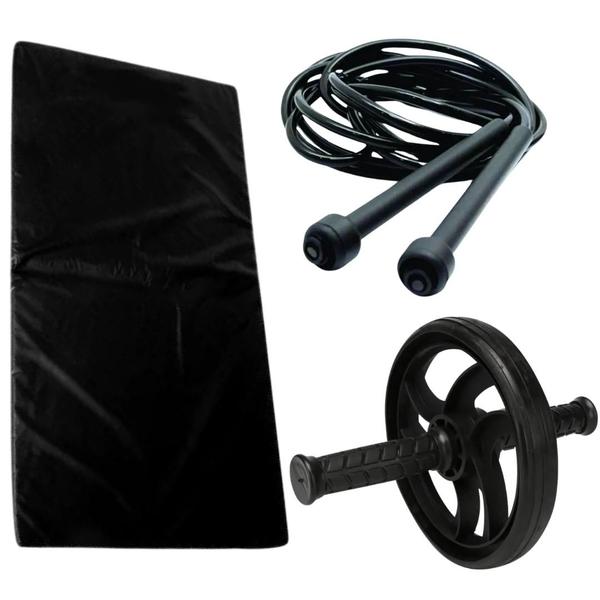 Imagem de Kit Corda De Pular Regulável + Colchonete Espuma 20mm + Roda Rodinha Abdominal Para Academia Exercícios Funcional Treino De Abdomen