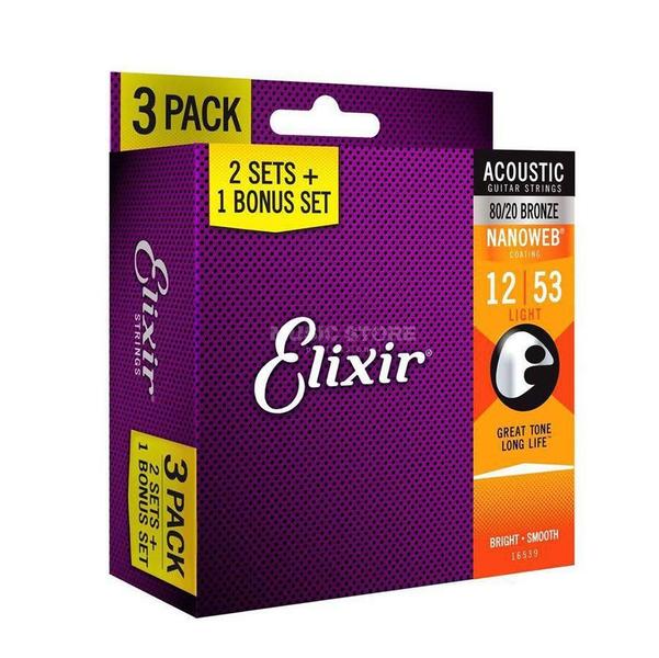 Imagem de Kit Corda Violão Aço Elixir 012 053 80/20 Leve 3 Pague 2