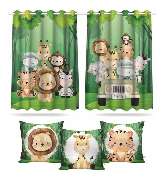 Imagem de Kit Cortina Infantil Safari Baby + 3 Capa De Almofada