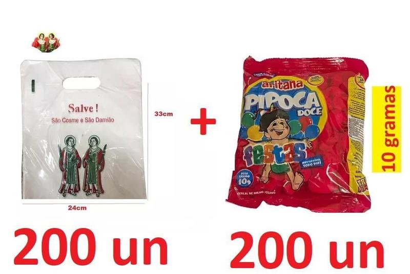 Imagem de Kit Cosme Damião Com 200 Un Pipoca Doce +200Un Sacolas 33X24