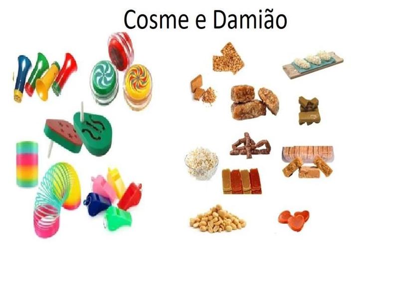 Imagem de Kit Cosme E Damião 350 Doces + saquinhos+ 50 brinquedinhos