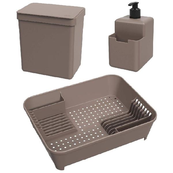 Imagem de Kit Coza Escorredor de Louças 45x35x11cm 14 Pratos + Lixeira 2,5L + Dispenser Detergente 500ml Warm Gray Brinox