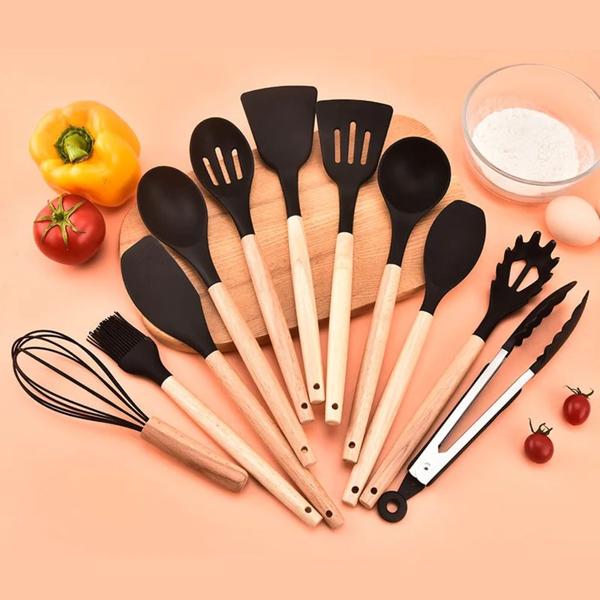 Imagem de Kit Cozinha 12 peças Utensílios Silicone Madeira Luxo Preto