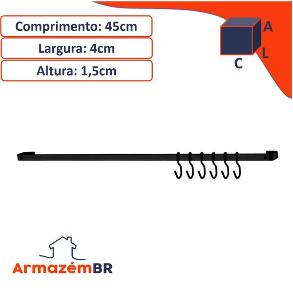 Imagem de Kit Cozinha 2 Barra Piatina 45cm Com 6 Ganchos De Parede Para Preto Fosco - Future