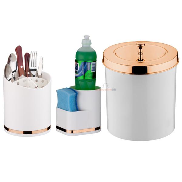 Imagem de Kit Cozinha 3 Peças Lixeira 5L Organizador Porta Detergente Esponja Escorredor Talheres Branco Rose Gold - Future