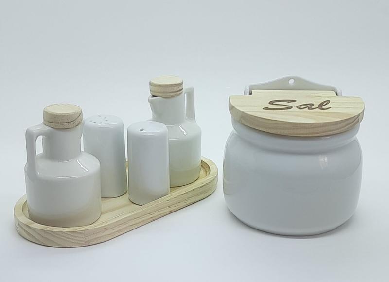 Imagem de Kit Cozinha 6 pçs - 2 Galheteiros, Saleiro, Paliteiro + Saleiro Parede - Porcelana e Pinus