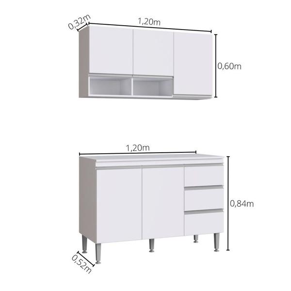 Imagem de Kit Cozinha Balcão c tampo 120cm Armário Aéreo BrancoMegasul