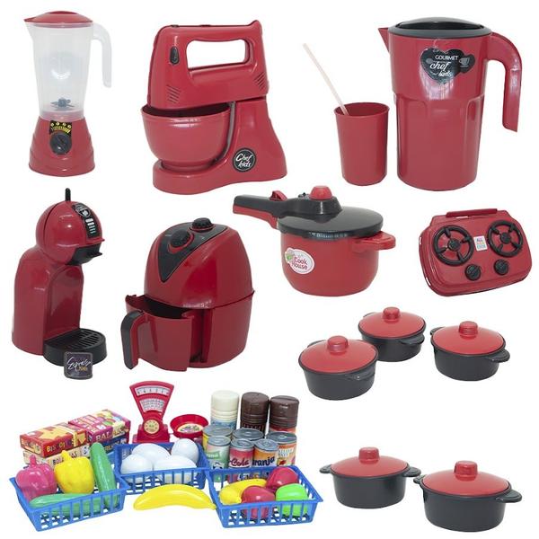 Imagem de Kit Cozinha Brinquedo Vermelho Mercado Fogão Air Fryer 47pç