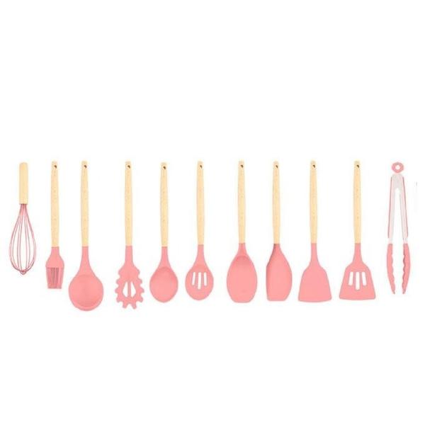 Imagem de Kit Cozinha Colheres Silicone Para Panela Antiaderente 12Pcs vinho e rosa