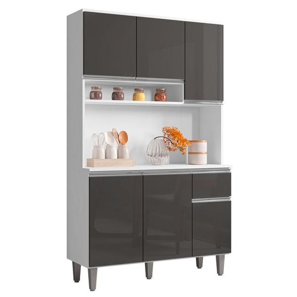 Imagem de Kit Cozinha Compacta Márcia 105cm Com 6 Portas e 1 Gaveta Branco Cinza Escuro - Desk Design