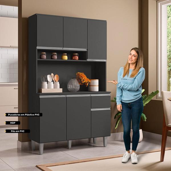 Imagem de Kit Cozinha Compacta Márcia 105cm Com 6 Portas e 1 Gaveta Cinza Escuro - Desk Design