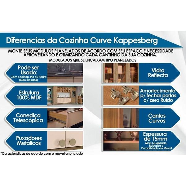 Imagem de Kit Cozinha Completa 6 Peças Curve (2Aéreos+2Balcões+1Paneleiro+1Complemento) C10P11 Nogueira/Macadamia - Kappesberg