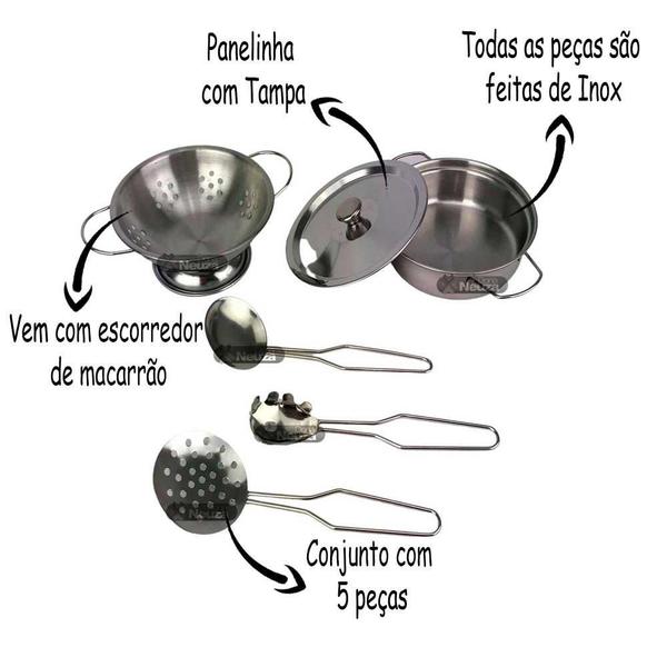 Imagem de Kit Cozinha De Brinquedo 6 Peças Em Inox  Braskit  Escorredor de Macarrão e Utensílios +4 Anos