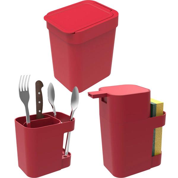 Imagem de Kit Cozinha Dispenser + Porta Talheres + Lixeira 2,5l Soprano vermelho