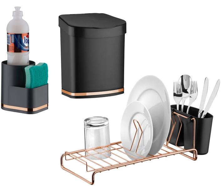 Imagem de Kit Cozinha Escorredor De Louças Lixeira 2,5L Porta Detergente Cobre Rose Gold - Future