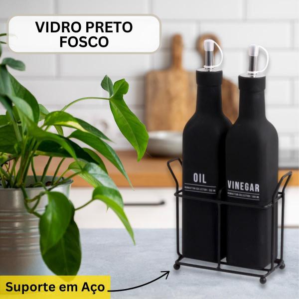 Imagem de Kit Cozinha Galheteiros Vidro e Saleiro Porcelana Black Azeite Vinagre Sal