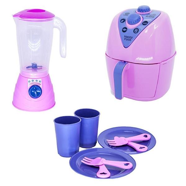 Imagem de Kit Cozinha Infantil Air Fryer Mercado Louça Comida 112Pç