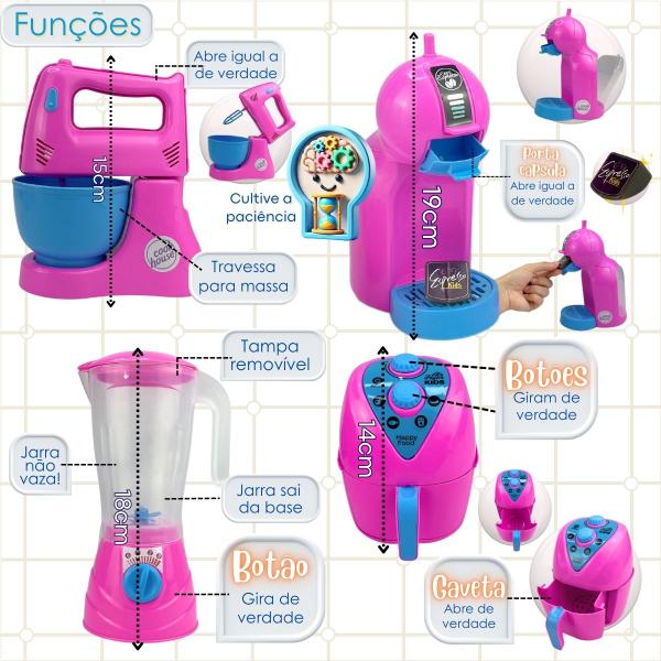 Imagem de Kit Cozinha Infantil AirFryer Liquidificador Batedeira Cafeteira Brinquedo Fogão