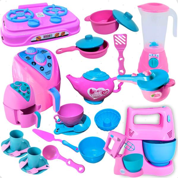 Imagem de Kit Cozinha Infantil AirFryer Liquidificador Batedeira Cafeteira Brinquedo Fogão