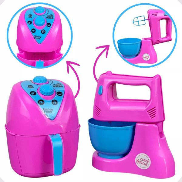 Imagem de Kit Cozinha Infantil AirFryer Liquidificador Batedeira Cafeteira Brinquedo Fogão