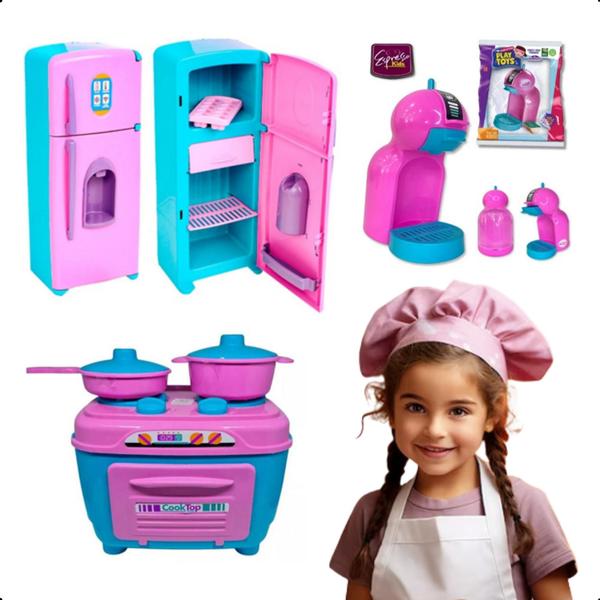 Imagem de Kit Cozinha Infantil Brinquedo C/ Geladeira Fogão Cafeteira