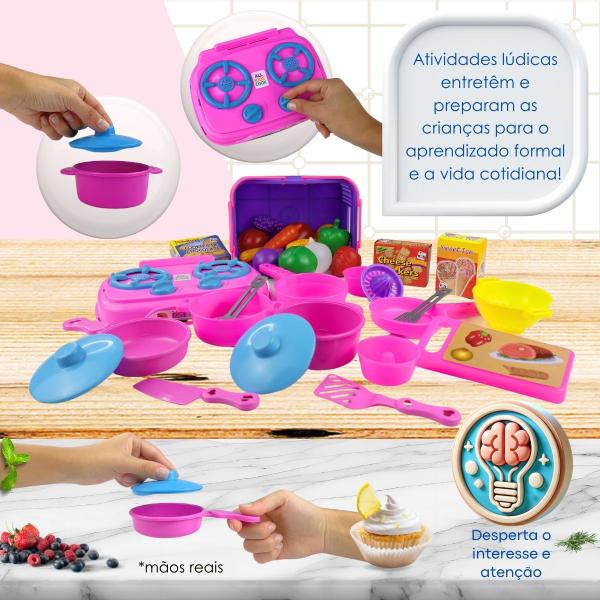 Imagem de Kit Cozinha Infantil Brinquedo Fogão + Cesta Frutas Legumes Cor Colorido