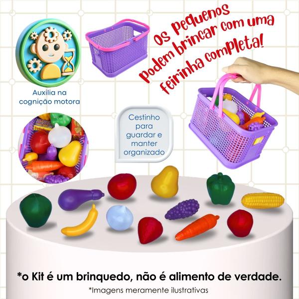 Imagem de Kit Cozinha Infantil Brinquedo Fogão + Cesta Frutas Legumes Cor Colorido