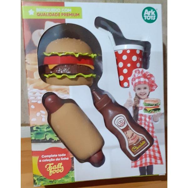 Imagem de Kit Cozinha Infantil Com Lanche Hamburguer + Refrigerante E Acessorios Fast Food - Ark toys