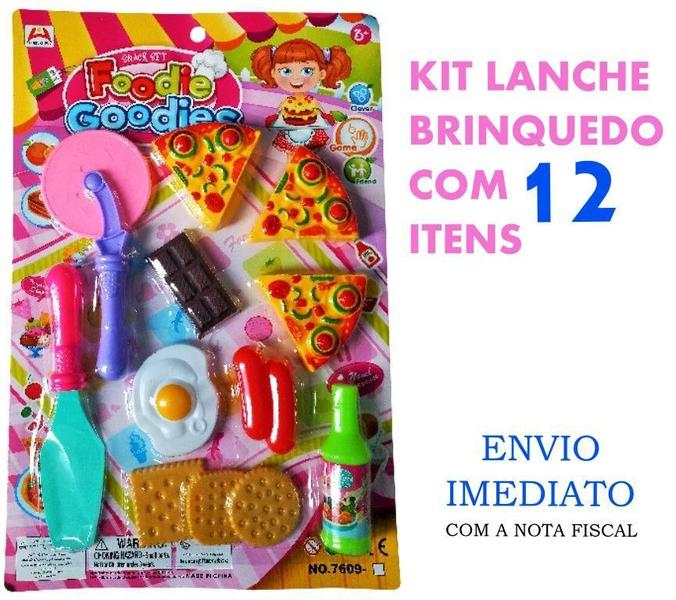 Imagem de Kit cozinha infantil comidinha lanche com pizza carretilha espátula ovo frito bolacha salsicha barra chocolate brinquedo -12 peças