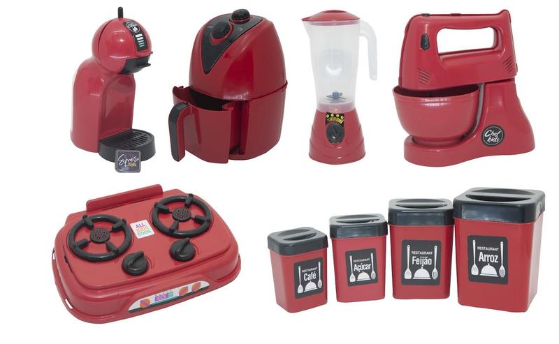 Imagem de Kit Cozinha Infantil Completa Brinquedo Menino Vermelho 10pç