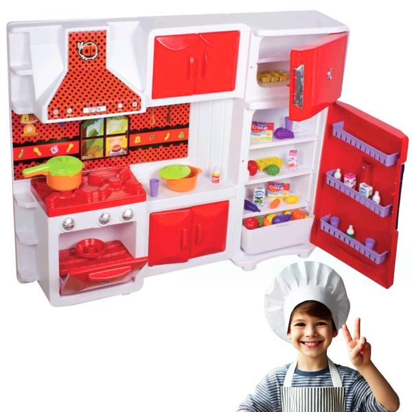 Imagem de Kit Cozinha Infantil Completa Geladeira Fogao 85cm Vermelho