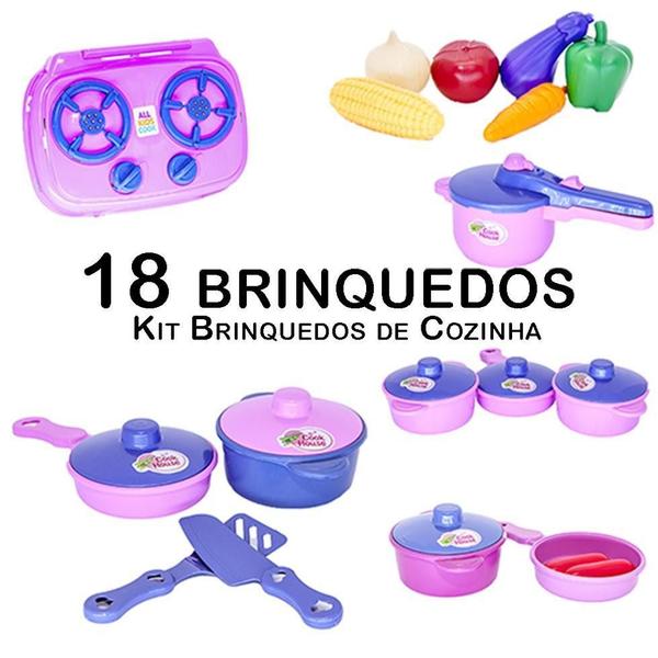 Imagem de Kit Cozinha Infantil Jogo Panela Fogão Cooktop Legumes 18Pç