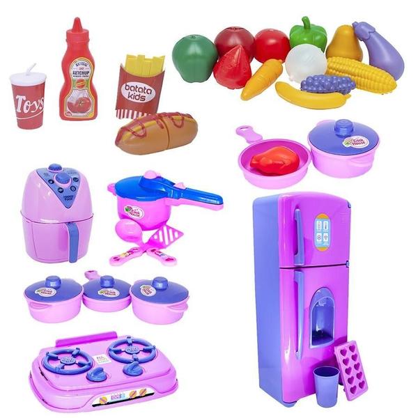 Imagem de Kit Cozinha Infantil Menina Fruta Mercadinho Air Fryer 30Pç