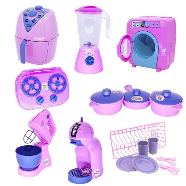 Imagem de Kit Cozinha Infantil Rosa Air Fryer Panela Fogão Louça 19Pç