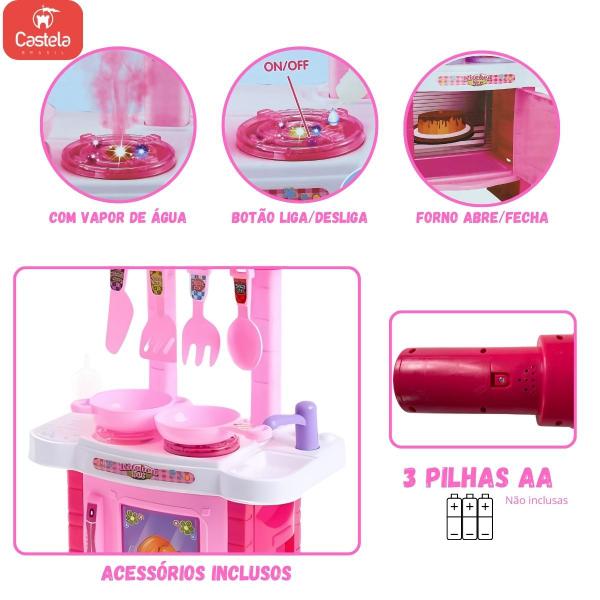 Imagem de Kit Cozinha Infantil Rosa com Fumaça Luz e Som + Frutinhas Crec Crec Castela