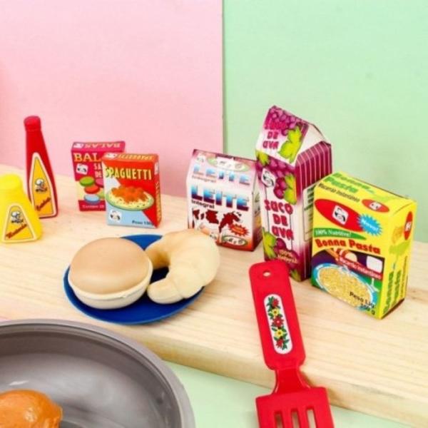 Imagem de Kit Cozinha MERCADINHO Infantil Comidinhas de Brinquedo C/ Frigideira Goumet + Feirinha 