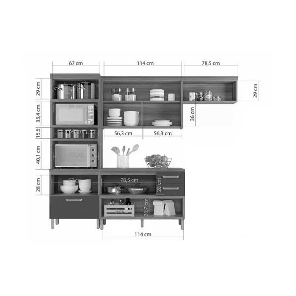 Imagem de Kit Cozinha Modulada 5 Peças Princesa (1Aéreo+2Balcões+1Paneleiro+1Ilha) C6P61 Freijo/Grafite - Nesher