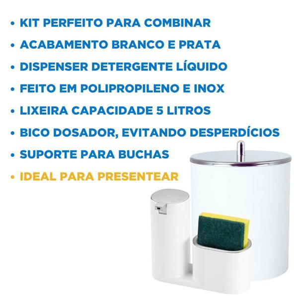 Imagem de Kit Cozinha Organizadores De Pia Lixinho 5 Litros Com Tampa Inox Porta Detergente Líquido Dosador Suporte Bucha Esponja Branco Com Prata