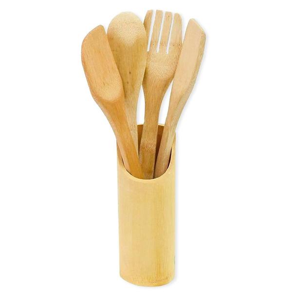 Imagem de Kit Cozinha Porta Utensílios Com 5 Peças Bambu