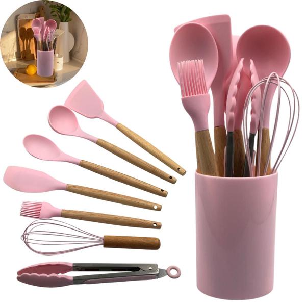 Imagem de Kit Cozinha Silicone Resistente Cabo Madeira Antiaderente Conjunto 8 Peças Fácil Limpar Estilo Durabilidade Praticidade