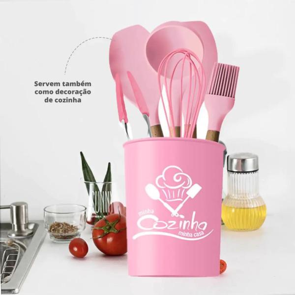 Imagem de Kit Cozinha Silicone Rosa Cabo Madeira 7Pçs Utensílios