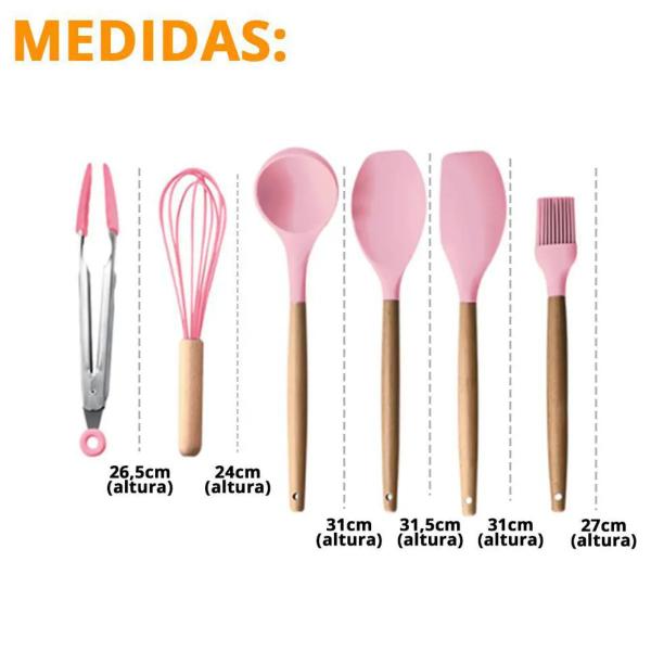 Imagem de Kit Cozinha Silicone Rosa Cabo Madeira 7Pçs Utensílios