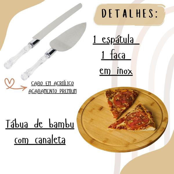 Imagem de Kit Cozinha Tabua de Bambu com Espatula e Cortador Para Bolos Torta Queijos Pizza