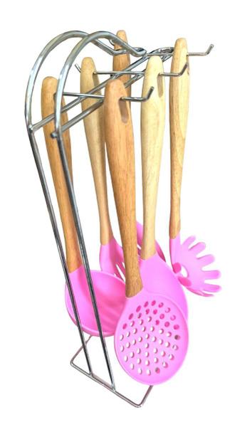 Imagem de Kit Cozinha Talheres Silicone Utensílios Rosa 6 Peças